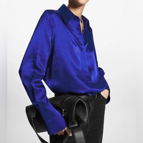 COS Tops - COS Oversized Satin Crinkled Texture Long Sleeve Blouse in Royal Cobalt Blue